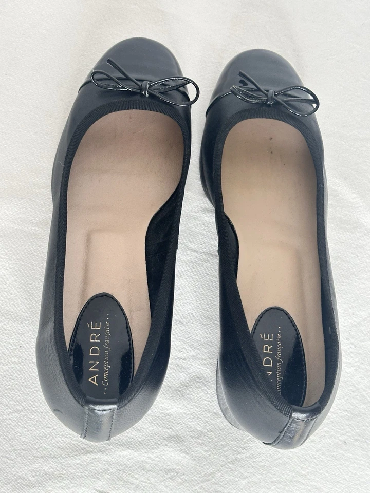ballerines à talons André en cuir noir contrasté mat et bout vernis pointure 40 - Photo 3/4