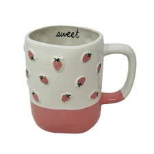 Rae Dunn Coffee Mug Sweet Strawberry Pink White Ceramic Raised Relief 3D NEW