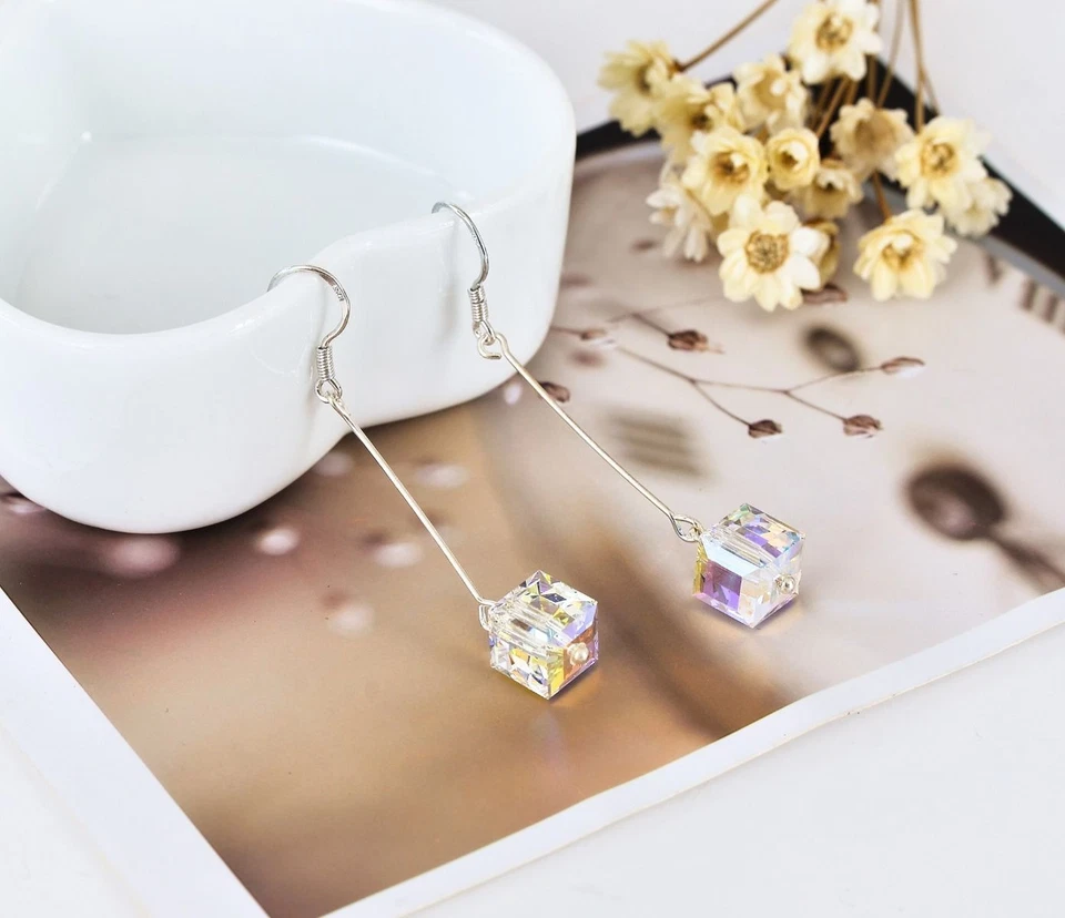 Pendientes colgantes de plata de ley 925 elementos genuinos cubo de cristal Foto 2 de 3