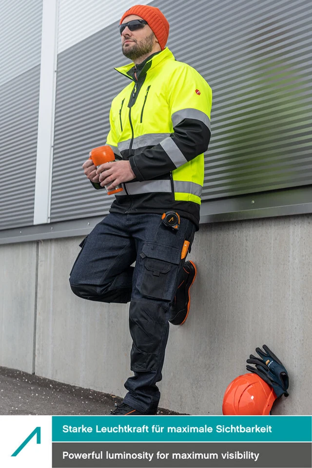 ACE Neon Softshell-Warnjacke Warnschutz-Jacke für Arbeit  abnehmbare Kapuze - Bild 2 von 4
