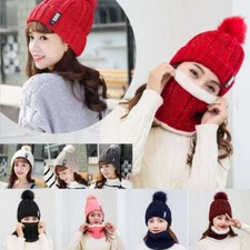 Womens Winter PomPom Beanie Hat Scarf Set Warm Knit Hat Thick Fleece Lined Cap