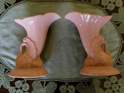Vintage MCM Swan Cornucopia Vases or Planters Pink -2 Matching -marked K-410