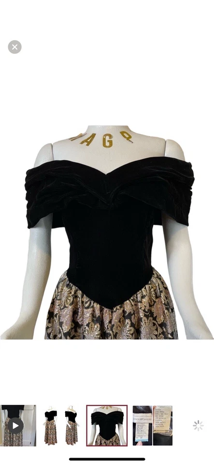 Vestido JESSICA McCLINTOCK Vintage Terciopelo y Brocado Hombro Descubierto, Negro y Dorado, 10 Foto 3 de 4