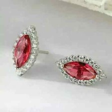 14K White Gold Plated 2Ct Marquise Cut Lab Created Red Ruby Stud Halo Earrings