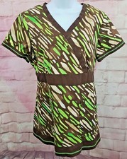 Koi Kathy Peterson Womens Scrub Top Sz M Butterfly Wing Print Green and Brown
