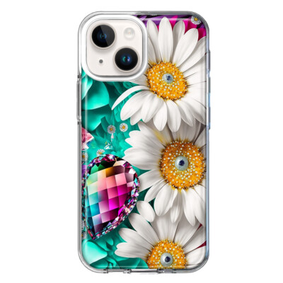 For Apple iPhone 14 Plus Shockproof Hybrid Case, Rainbow Gems Teal Daisies