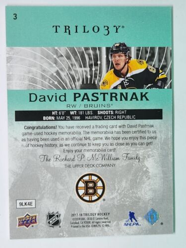 PATCH MAILLOT GU 2017 TRILOGY RELICS VERT /463 David Pastrnak Boston Bruins - Photo 2 sur 3
