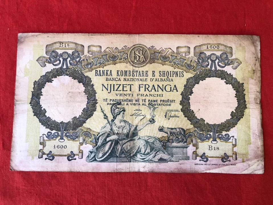 BILLETE ALBANIA 20 FRANGA 1939 BILLETES ALBANESES OCUPACIÓN ITALIANA ITALIA SEGUNDA GUERRA MUNDIAL Foto 4 de 4
