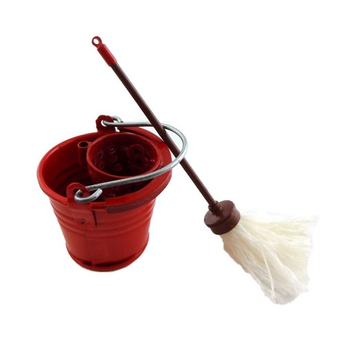 Dollhouse Miniature Kitchen Accessory White Cotton Mop & Red Metal Mop Bucket eBay