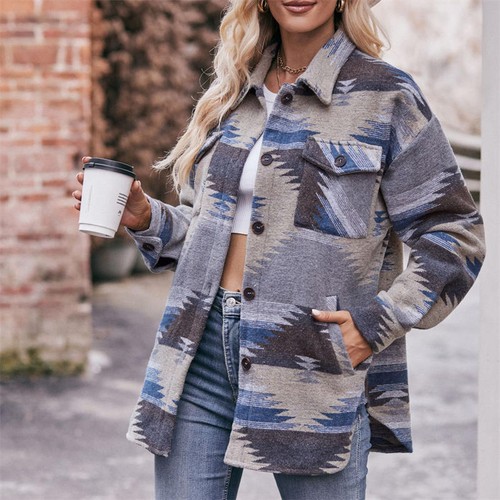 Wollmantel mit Revers lockerer Mantel Damen Jacke Shirt geometrisch langarm - Bild 10 von 24