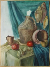 Ukrainian Soviet USSR Painting realism impressionism Still Life fish wineglass