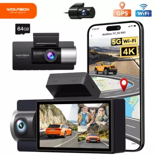 WOLFBOX i17 Dash Camera Front and Rear 3Channel 4K Dash Cam Built-in 5G WiFi GPS