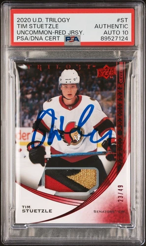 2020-21 Upper Deck Trilogy Tim Stutzle Rookie Premiere Patch /49 PSA 10 AUTO RPA