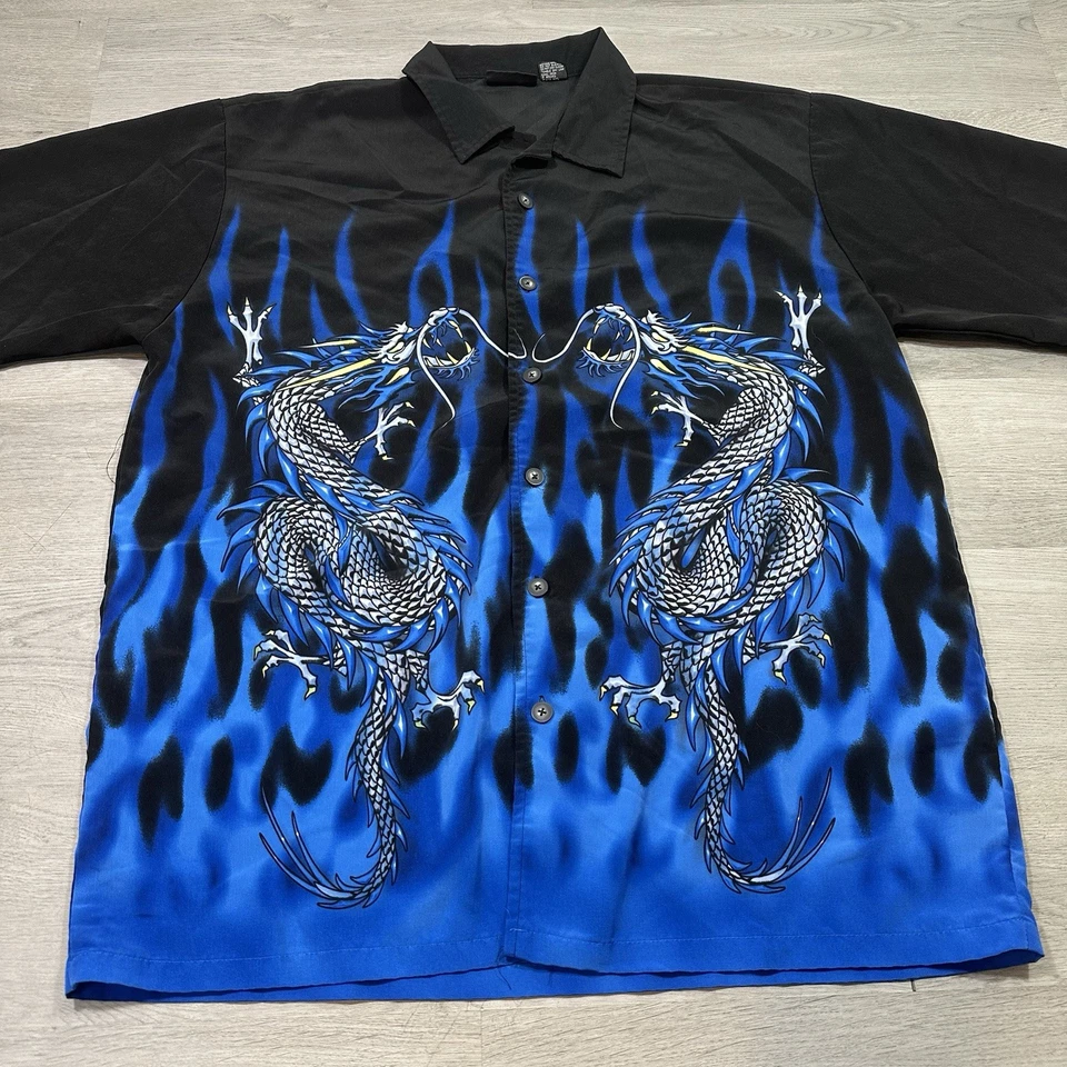 Y2K ODO FLAMES Dragon Button Up Shirt Size XL Black/Blue Vintage Tribal - Image 2 of 4