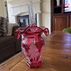 Vintage Fenton Mary Gregory "Lady Under Tree” Cranberry Basket #1251/1950 Signed