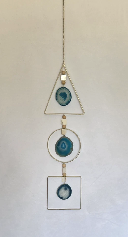 Colgante Atrapasol 3 Rebanadas de Ágata Azul Enmarcado Círculo Triángulo Cuadrado 15" Cuentas Foto 2 de 4