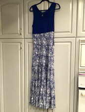 Karen Kane Blue/White Geometric Tiered Stretch Maxi Dress L Sleeveless Scoop Lg