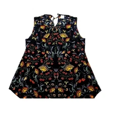 Cabi Sleeveless Black Floral Blouse Mirror Print Pleated Front Keyhole Back XL
