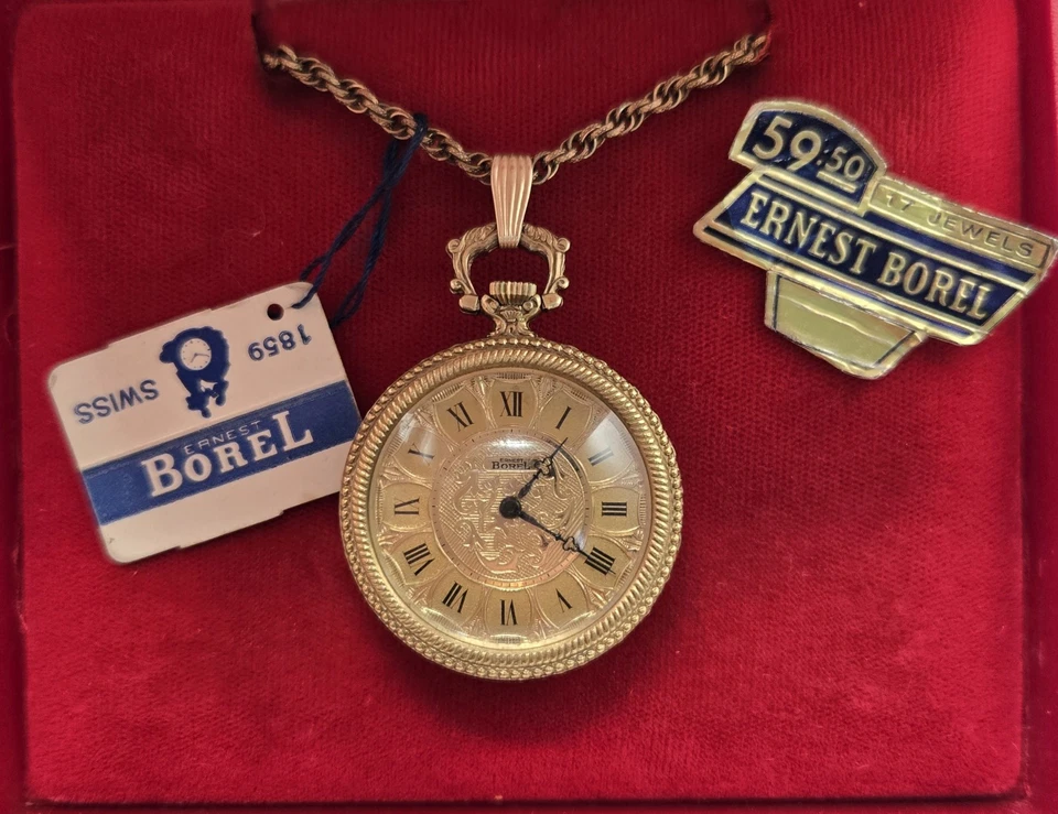 Reloj Colgante Vintage "ERNEST BOREL" 17 Joyas Chapado en Oro con Cadena y Caja *FUNCIONA* Foto 3 de 4