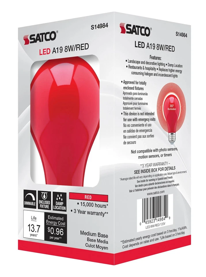 Satco S14984 - 8 Watt LED A19  Holiday Red Light Bulbs (2 or 6 Pack) - Image 3 of 4
