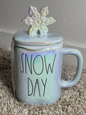 Rae Dunn Snow Day Iridescent Ceramic Mug With Snowflake Lid