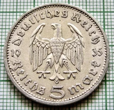 GERMANY THIRD REICH 1935 A 5 REICHSMARK Eagle & Paul von Hindenburg SILVER