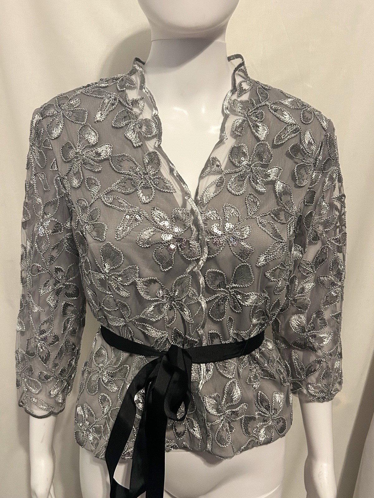 Rare Vintage Alex Evenings MP Floral Sequin Silver Tie Blouse Elegant Holiday