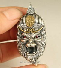Silver Lovely Two-sided Buddha Monkey King Figure Statue Pendant Deco