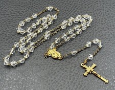 Vintage Crystal Glass Bead Rosary Necklace Crucifix Madonna Center Gold Tone 26