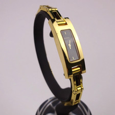 Gucci Watch 3900L Ladies Gold Plated Bracelet Black Guilloche Dial Woman's