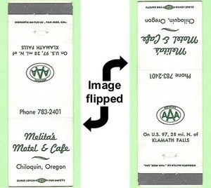 Melita's Motel & Café on US Highway 97 in Chiloquin, Oregon, FS Matchcover