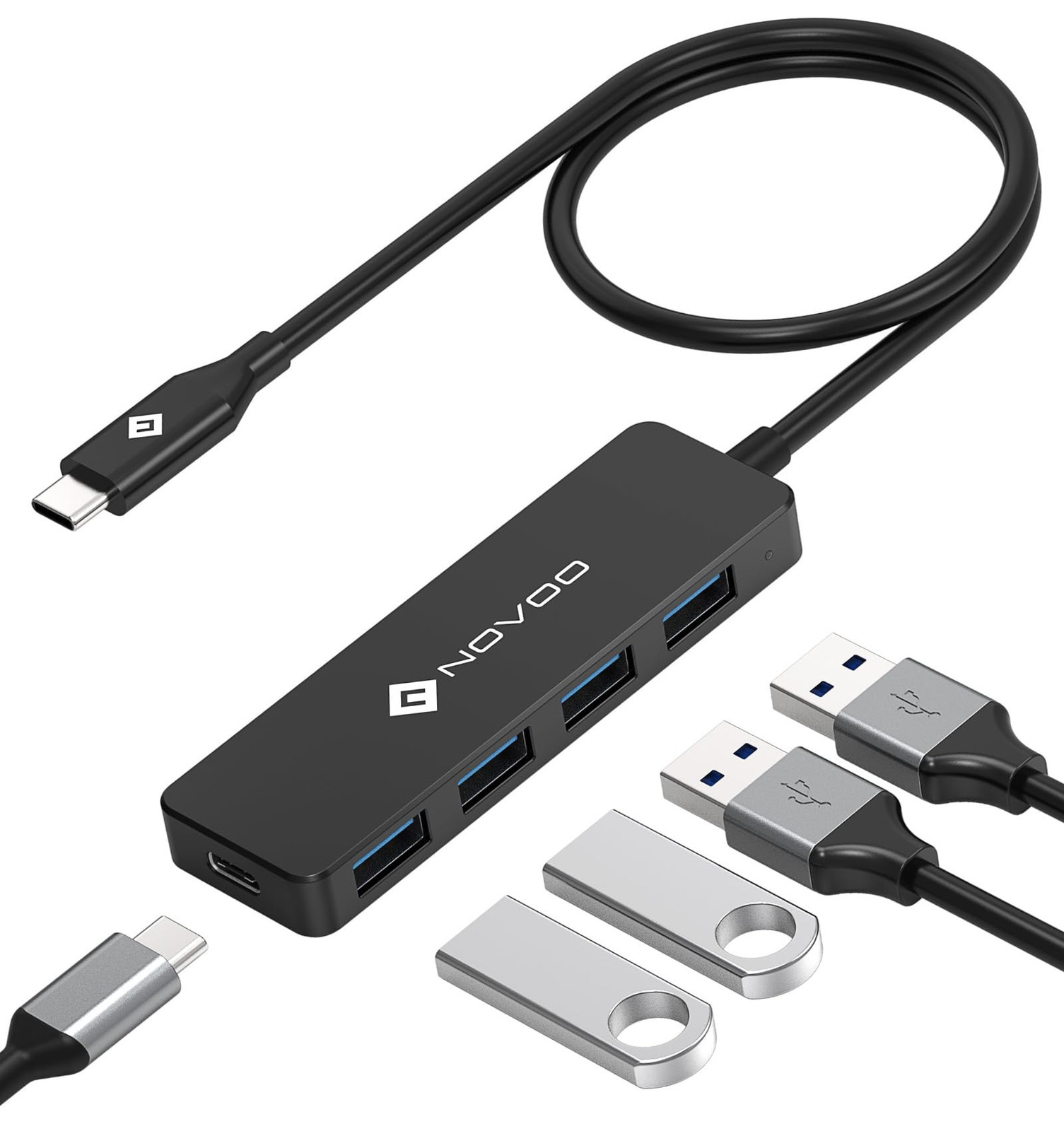 NOVOO USB C HUB Slim USB C Adapter Extended Cable 600mm 4 Ports USB 3.0 (G1N)