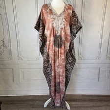 Vintage Boho Tie Dye Caftan Kaftan Maxi Dress Embroidered One Size Fits Most