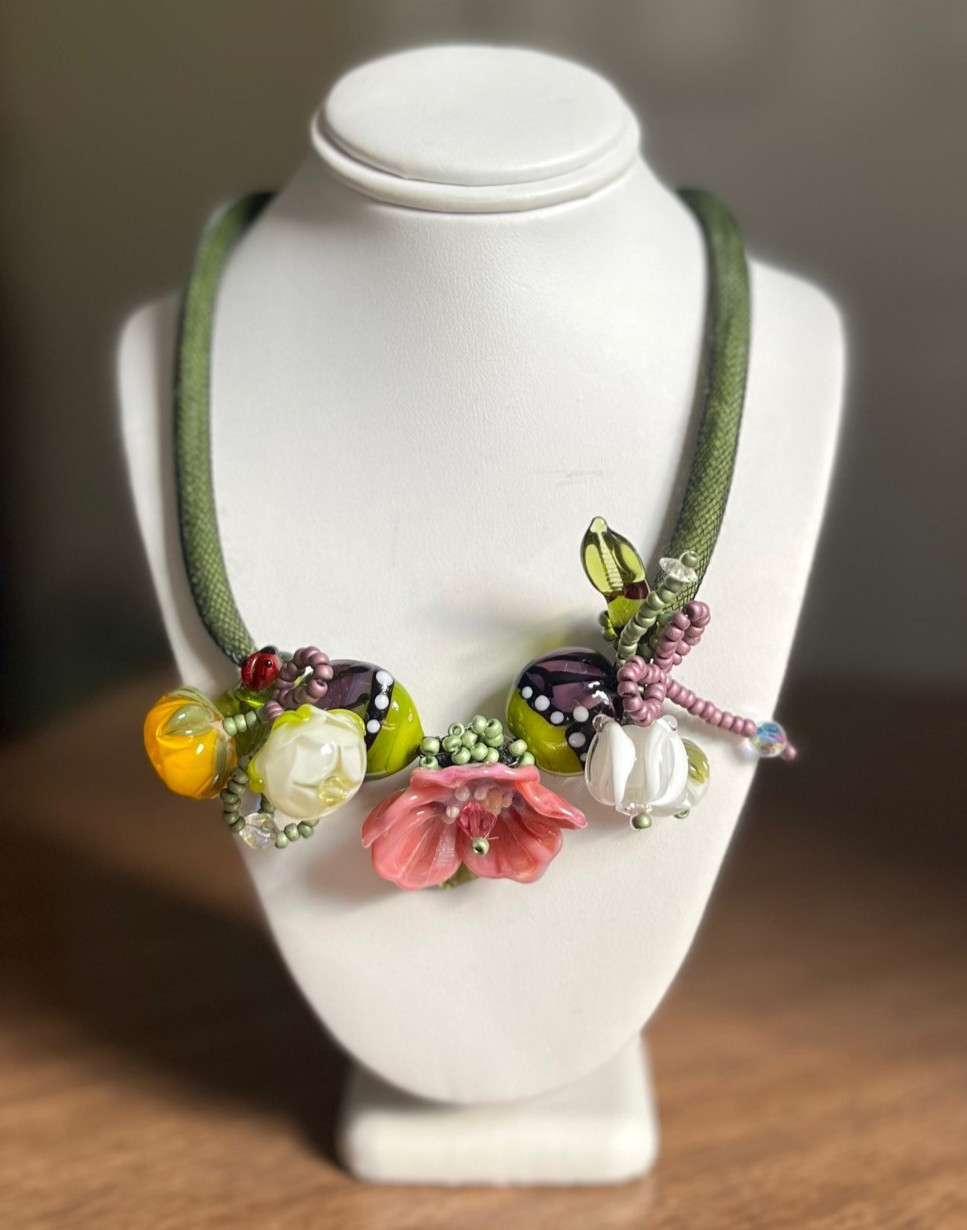 Handcrafted Lampwork Glass Statement Necklace Flo… - image 1