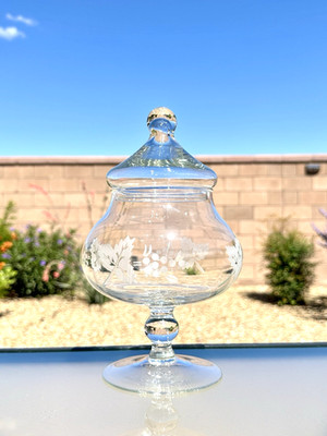 Rayware Made in Turkey Crystal Apothecary Jar with Lid Etched Leaf & Grape Vtg