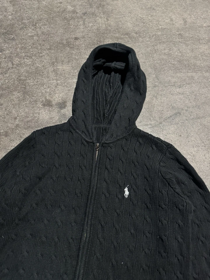 Sudadera con capucha vintage de los 90 Polo Ralph Lauren negra tejida con cable con cremallera para mujer Foto 4 de 4