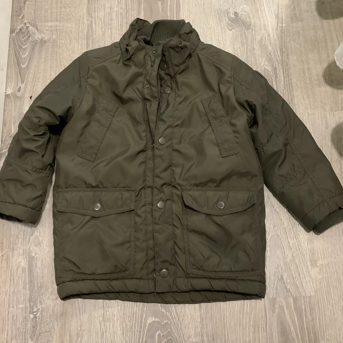H M Boys Winter Jacket Sz 5 6 Y Olive Green Snap Front