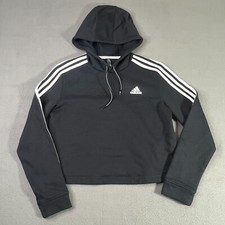 ADIDAS Womens Crop Hoodie Jumper Small Black Cotton Three Stripe