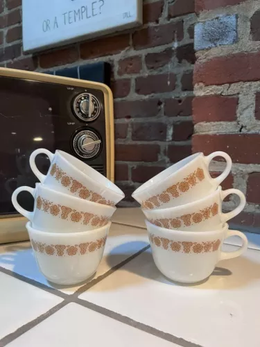 Set of 6 PYREX / Corningware Vintage golden butterfly cups mugs tea 
