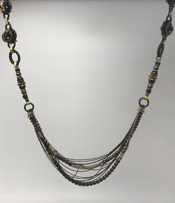 Vintage Miriam Haskell Gold Black Pearl and Crystal Flower Rope Style Necklace