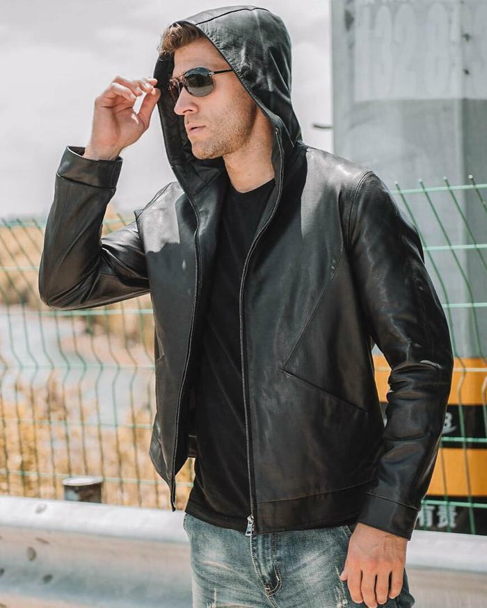 Mens Hooded Leather Denim Jacket