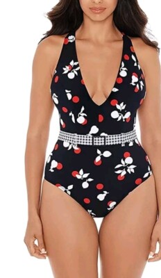 Skinny Dippers Swimsuit Size Small Black One Piece Fruiti Tutti Thrill Belted 
