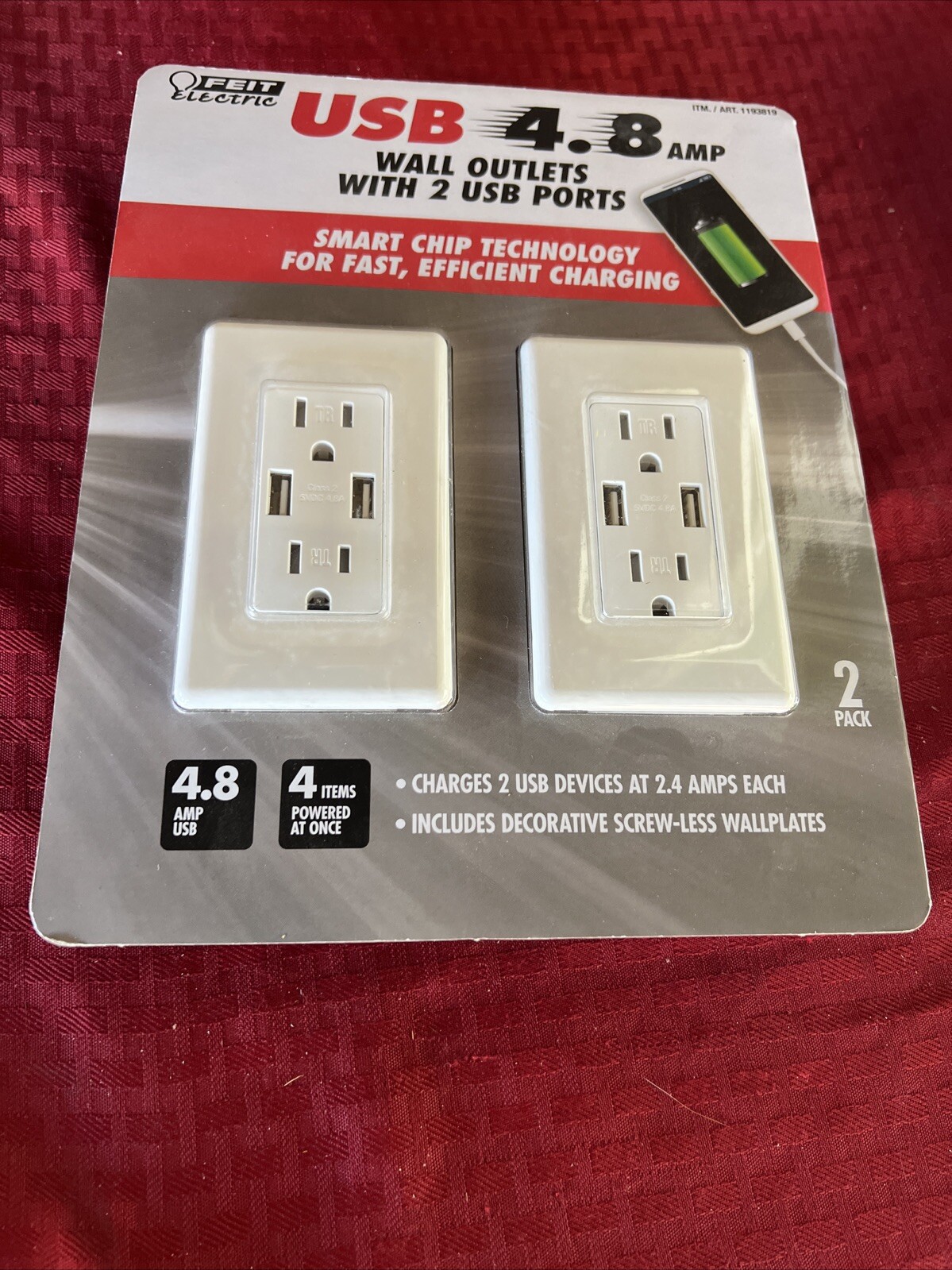 Feit Electric 2PK Wall Outlets With 2 USB Ports 4.8 Amps 2 Pack NEW