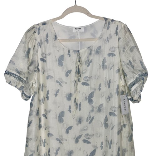 Kindred Anthropologie White Blue Butterfly Dress Knee Lenght Ruffle Size L - Picture 3 of 10