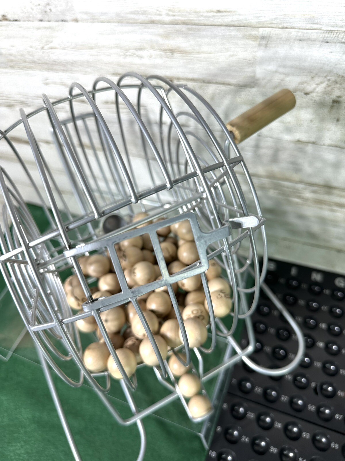Vintage Bingo Cage With Wooden Balls, Holder, 1 Ball Of 75 Balls