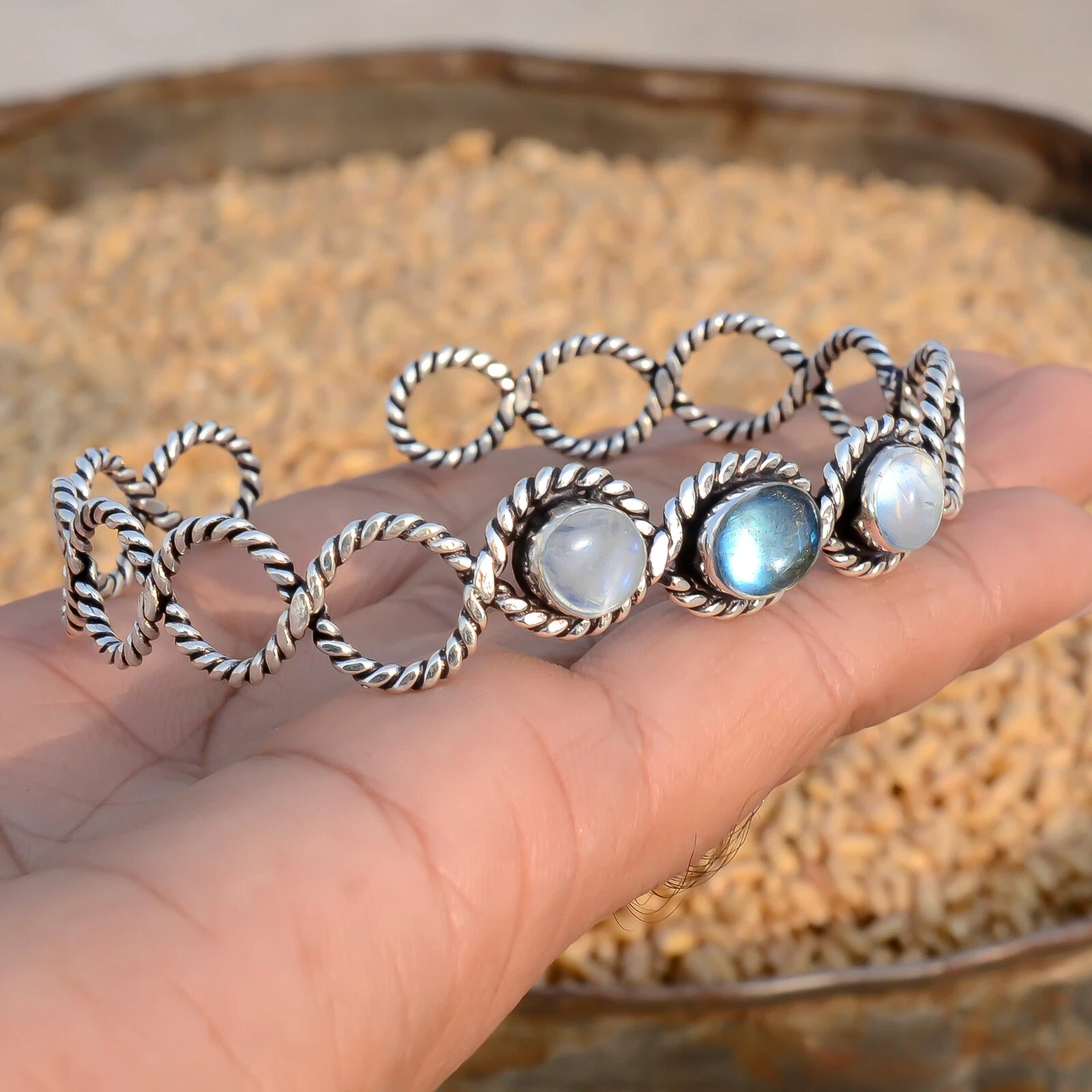 VALENTINO Bracciale Bracciale Pietra Preziosa Labradorite & Pietra di Luna Argento Sterling 925 Braccialetto Festa