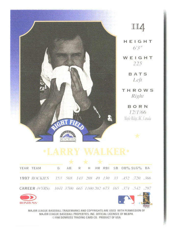 1998 Leaf #114 Larry Walker - Image 2 of 2