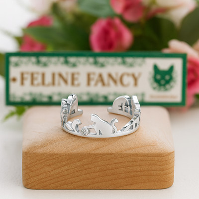 Feline ausgefallener Silberring Katze Cut-Out verstellbar offen Band Kätzchen Schmuck Geschenk