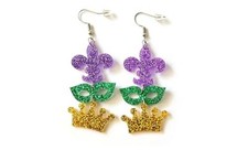 Colorful Mardi Gras Feather Mask Hat Shape Dangle Earrings Dainty Carnival CC