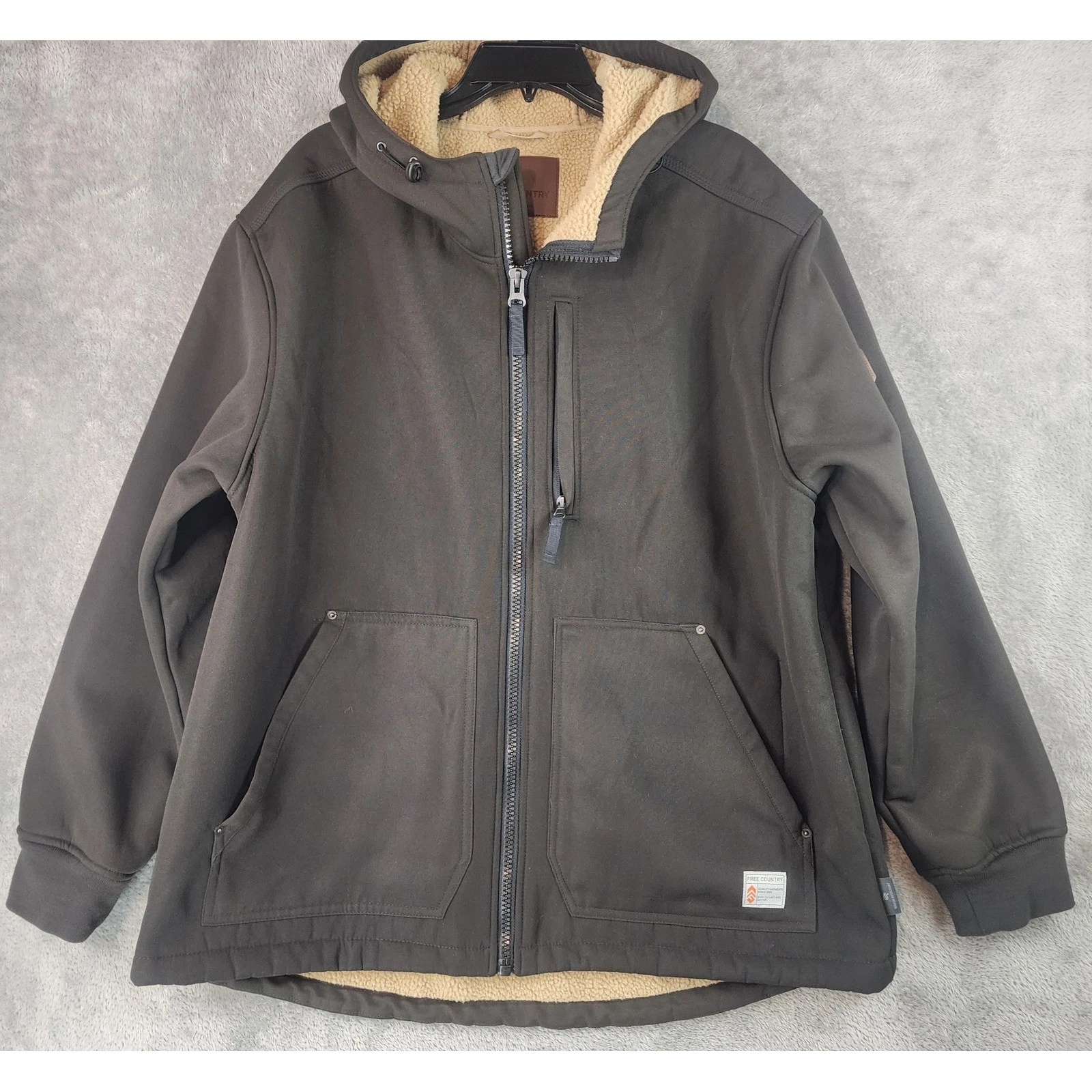 Free Country Jacket Mens XXL Softshell Hooded Brown Sherpa Lined Water Resistant
